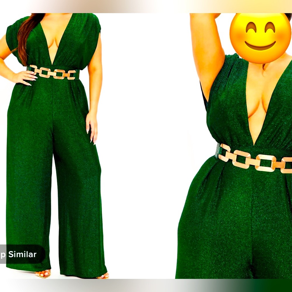 Fashion Nova jumpsuit Glitter Green with belt, Great for the Holidays!!